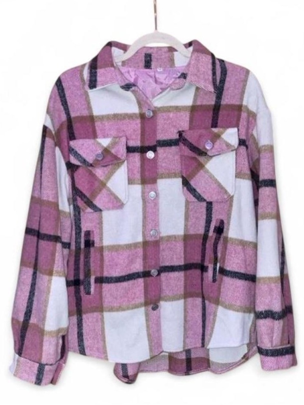 Pink Plaid Oversized Button Up Collared Flannel Jacket w Multiple Pockets Size M